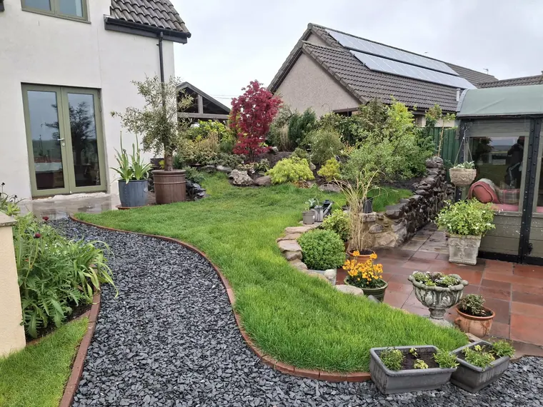 The same garden from the house — everything that was bare ground twelve weeks earlier.