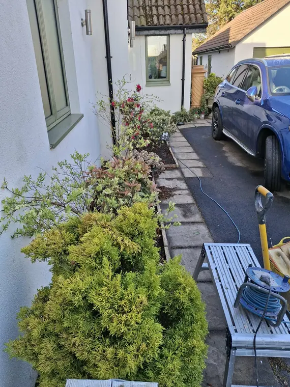The finished side path running the length of the house to the parking area.