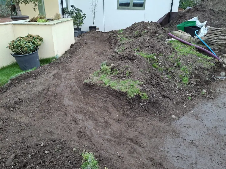 Topsoil brought in and spread to final level, ready for turf on top of a proper depth.